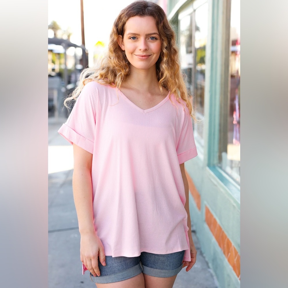 Baby Pink Ribbed V Neck Hi-Low Slit Top